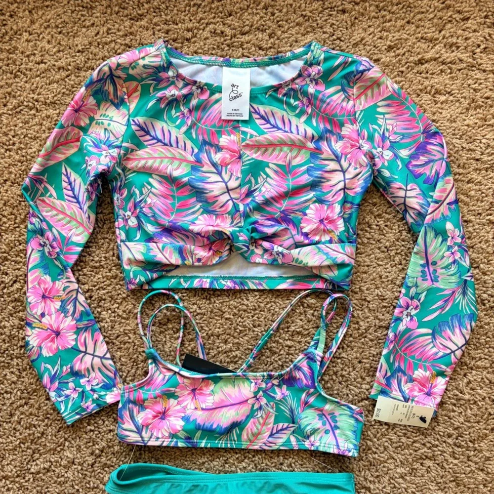 Art Class Tropical Hawaiian Palm Floral Rash Guard Bikini Bathing Suit 6/7 NWT
